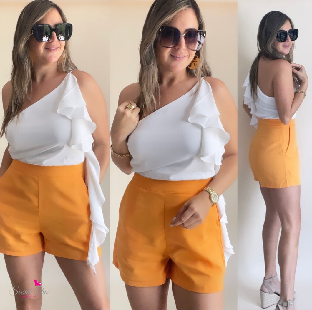 One Shoulder Ruffle Top, Naranja Romper