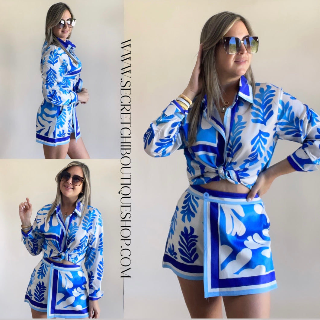 Blue Satin Blouse & Skort Set