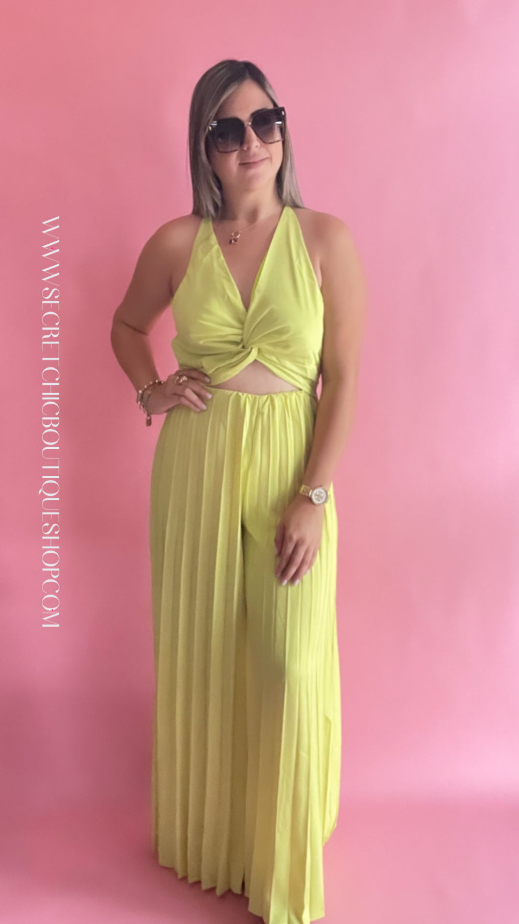 Lime Pleated Bottom Halter Jumpsuit