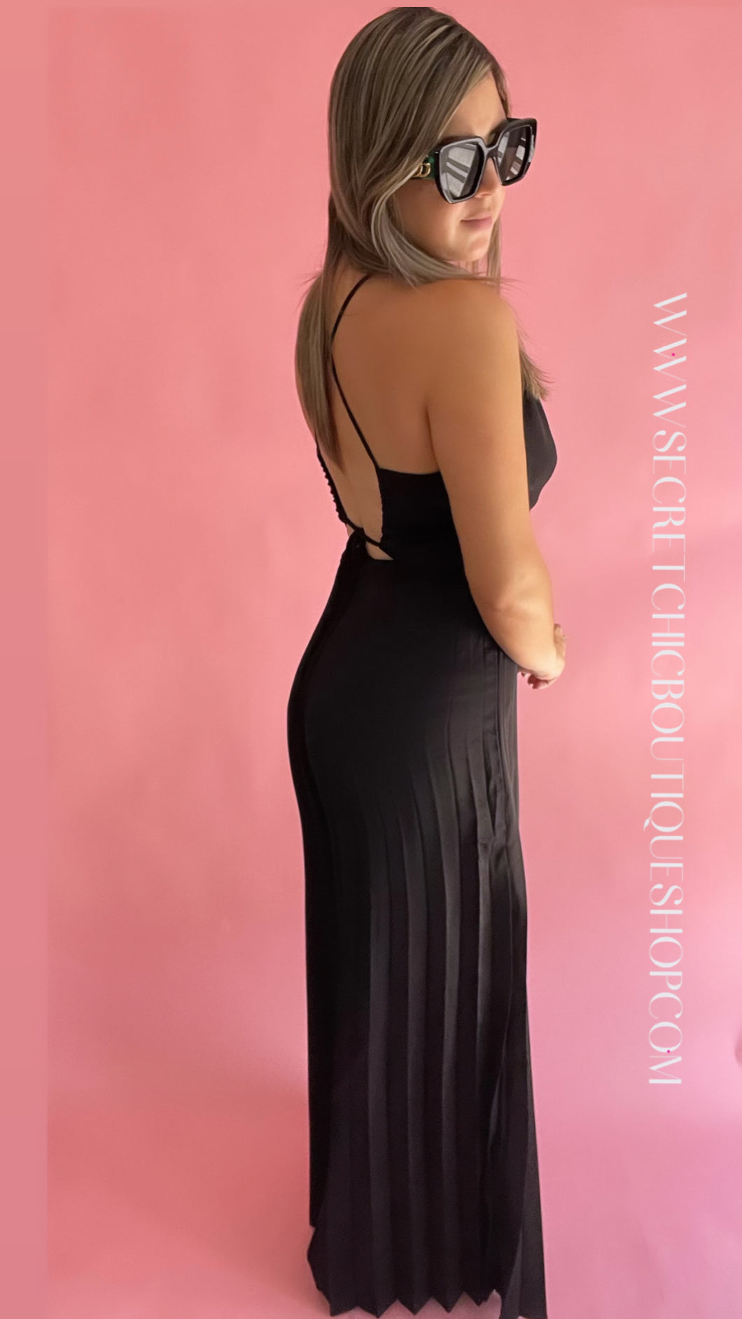 Black Pleated Bottom Halter Jumpsuit